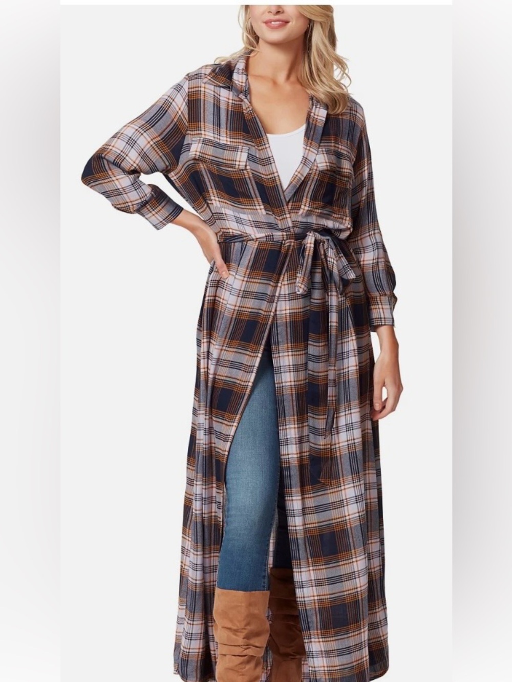 Jessica Simpson Plaid Tie-Waist Duster Robe in Navy, Brown & White